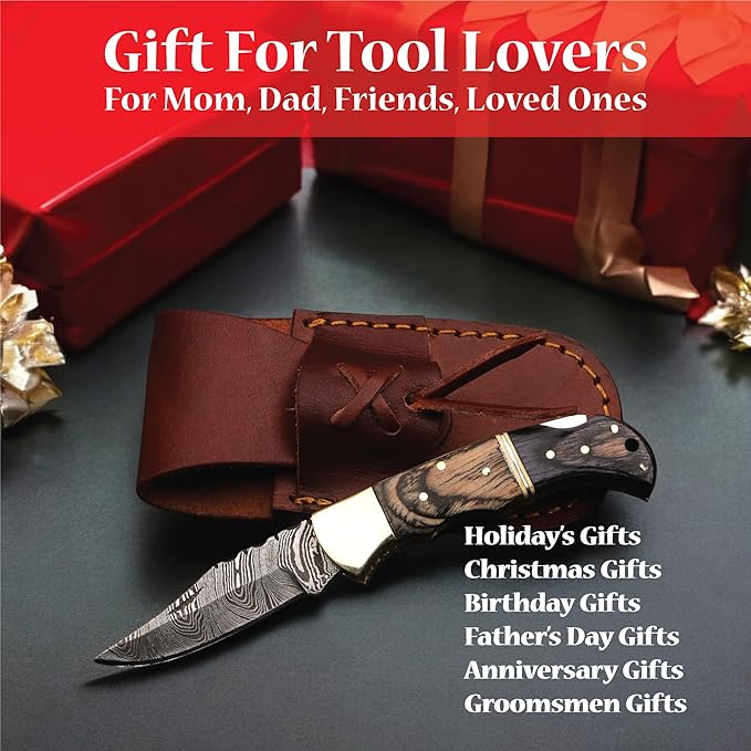6.5 inch Damascus Pocket Knife with Sheath, Handmade Folding Pocket Knife for Men, Black-Red Wooden