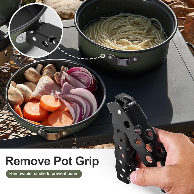 Odoland 5pcs Camping Cookware Non-Stick Camping Pot and Pan Set with Kettle and Removable Handle
