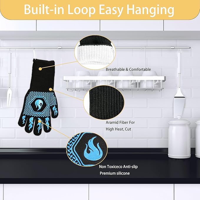 BBQ Fireproof Gloves, Grill Cut-Resistant Gloves 1472°F Heat Resistant Gloves, Non-Slip Silicone