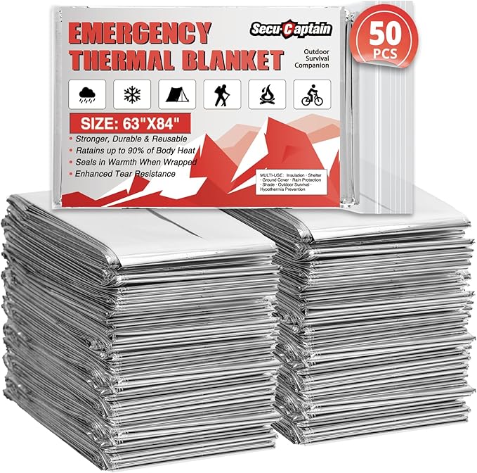 SecuCaptain Survival Emergency Thermal Blankets: 50 Pack Extra Large 84??x63??Space Mylar Blanket