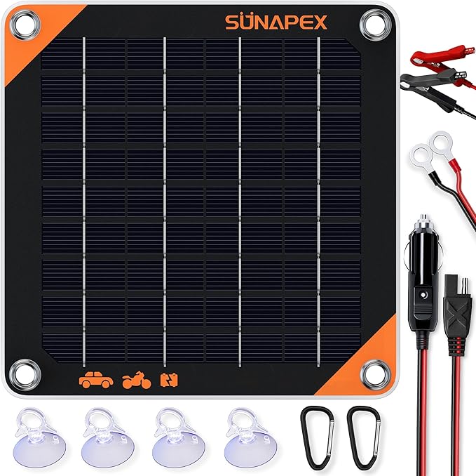 SUNAPEX 5W 12V Solar Panel Battery Charger Maintainer, Portable Waterproof Solar Trickle Charger