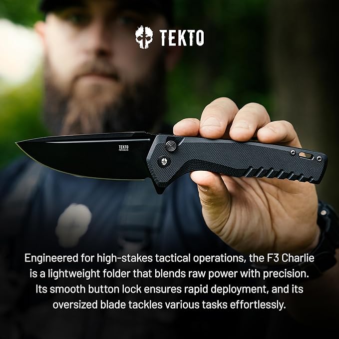 F3 Charlie Button Lock Folding Knife, Oversized Fine Edge Blade, Tactical Black G10 Handle - Easy