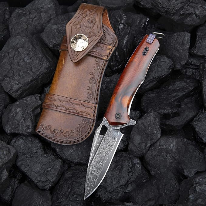 Damascus steel multifunctional EDC folding knife with self assembling pocket clip, lining lock