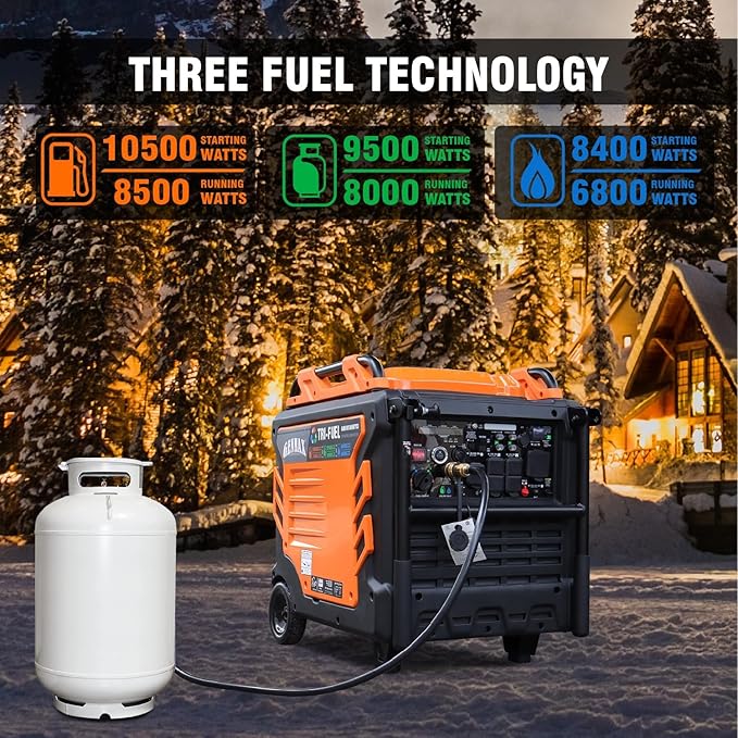 GENMAX Tri Fuel Generator,10500-Watt 458cc Tri Fuel Gasoline Propane Natural Gas Portable 50A