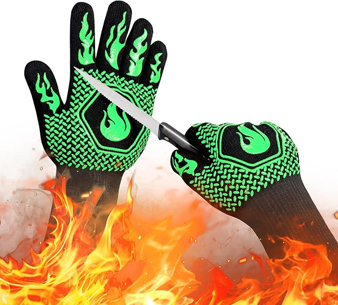BBQ Fireproof Gloves, Grill Cut-Resistant Gloves 1472°F Heat Resistant Gloves, Non-Slip Silicone