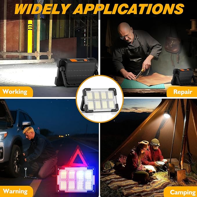120W Solar Rechargeable Work Light, 144 LED 10000LM Led Work Light with 4 Modes, Portable Flood