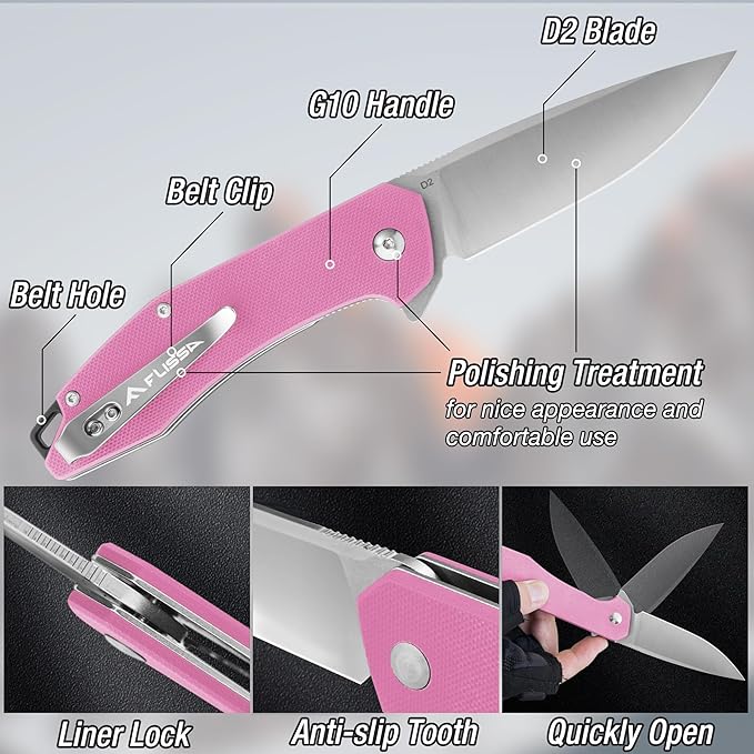 FLISSA Pocket Knife, Folding Tactical Knife with G10 Handle, D2 Blade, Liner Lock, Pocket Clip, EDC