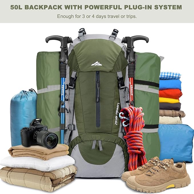 Loowoko 50L Hiking Backpack, Waterproof Camping Essentials Bag with Rain Cover, 45+5 Liter