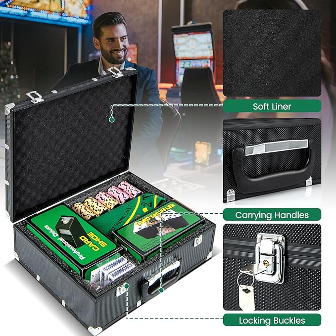 Goplus Poker Chip Set, 300 PCS 14 Gram Clay Poker Chips w/Case, Automatic Card Shuffler, 2 Decks