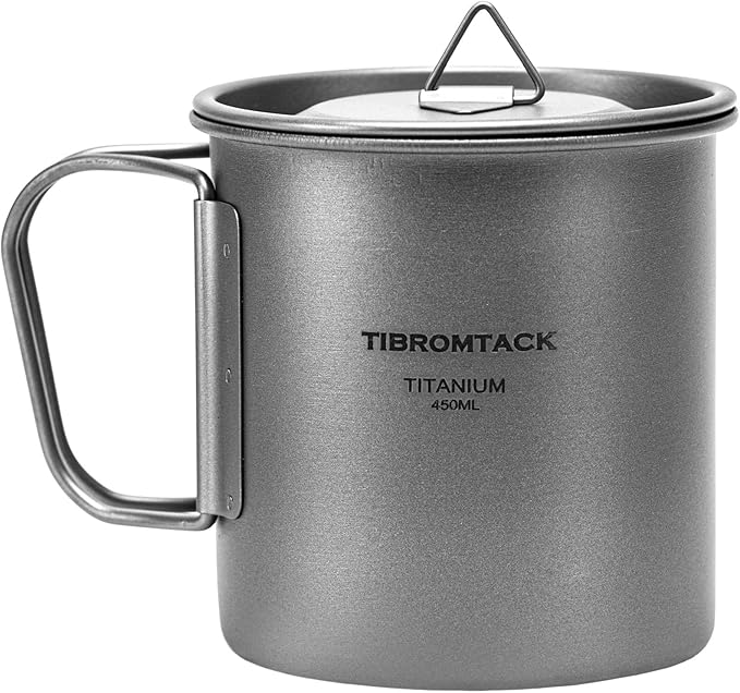 TIBROMTACK Camping Cup with Lid Pure Titanium Coffee Mug Ultralight 450ml Outdoor Small Camping Pot
