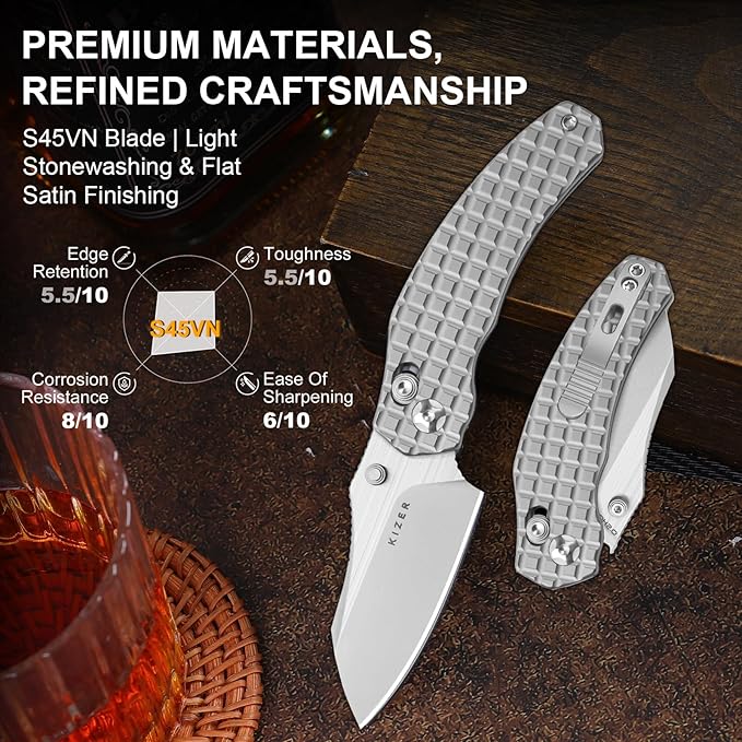 Kizer Mini Bulldog Pocket Knife, 2.5??S45VN Sheepsfoot Blade Folding Knife, Titanium Handle Clutch