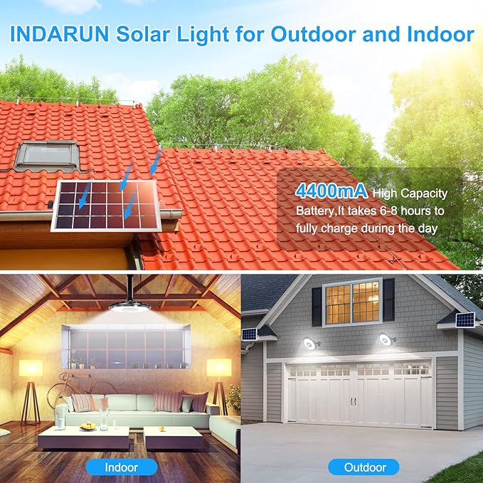 INDARUN Solar Shed Light with On/Off Switch, Up to 3000LM Solar Indoor/Outdoor Lights with 5 Modes