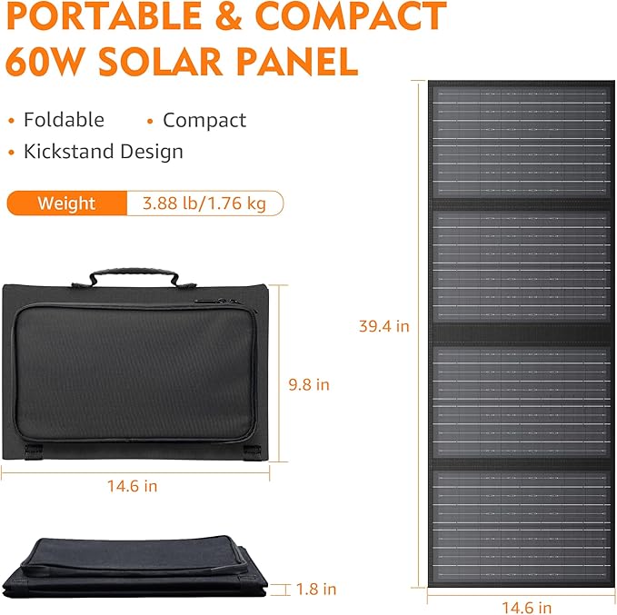 60W Solar Panel for Portable Power Station, Foldable Solar Panel with 12-18V DC Output/USB