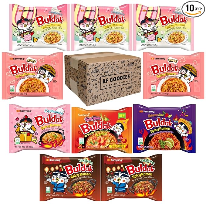 KF GOODIES Korean Ramen Variety Pack Gift Box (10 Count - Carbonara, Cream Carbonara (3), Habanero