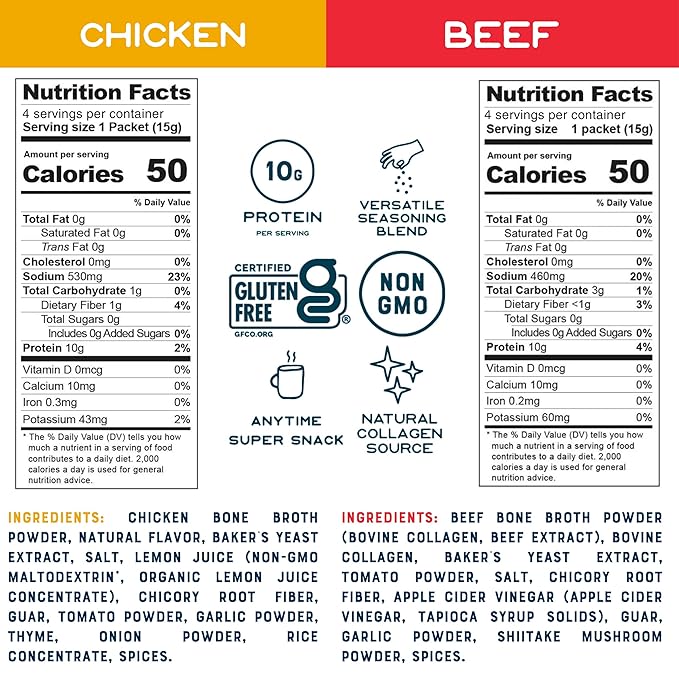 Bare Bones Bone Broth Instant Powdered Beverage Mix, Chicken & Beef, Variety Pack of 8, 4 Chicken &