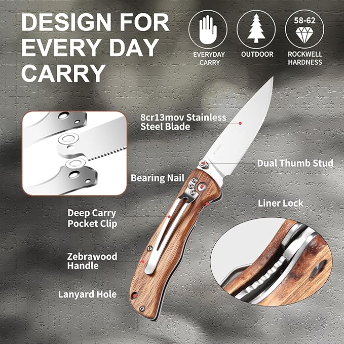 Vickay Pocket Knife for Men, Folding Knife with Clip, 3.74" 8Cr13MoV Steel Blade, Wood Handle EDC