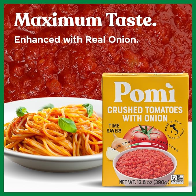 Pomì Crushed Tomatoes with Onion 13.8oz (Pack of 12) - Creamy, Velvety Italian Tomato Sauce No Salt