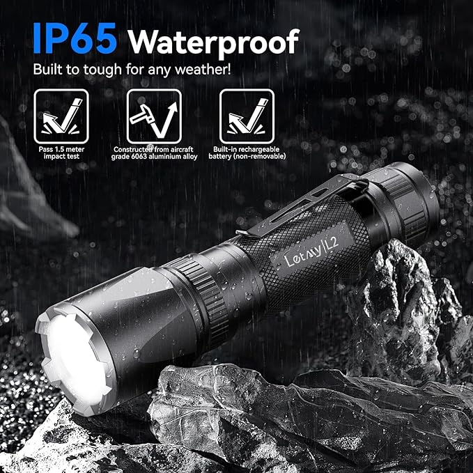 LETMY Rechargeable Flashlights High Lumens, 2 Pack 2000 Lumens Super Bright LED Tactical