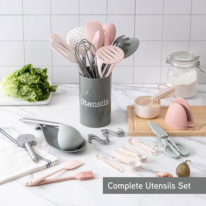 COOK WITH COLOR Silicone Cooking Utensils, Kitchen Utensil Set, Easy to Clean Silicone Kitchen