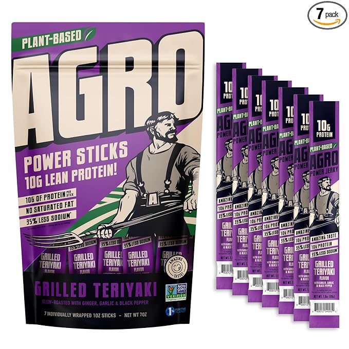 AGRO POWER Vegan Jerky Sticks, Teriyaki Flavor Plant-Based, 7 Stick Bag with 10g Protein, Non-GMO