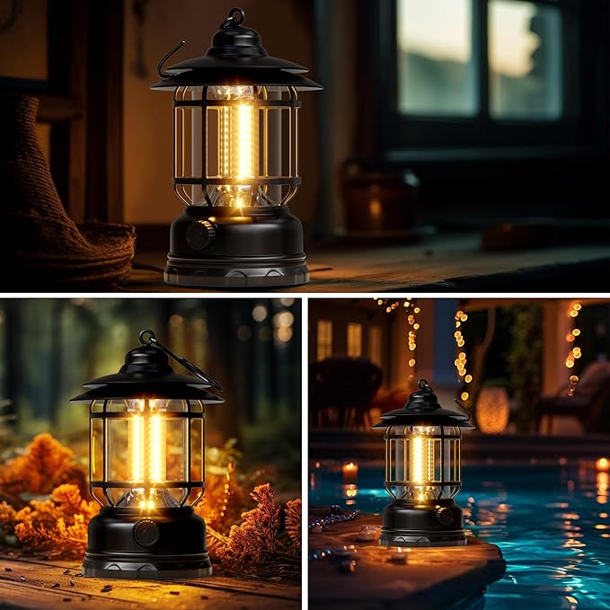 Retor LED Camping Lanterns Black 3 Pack 1500 LM Step-Less Dimming, Lightweight Battery Powered USB