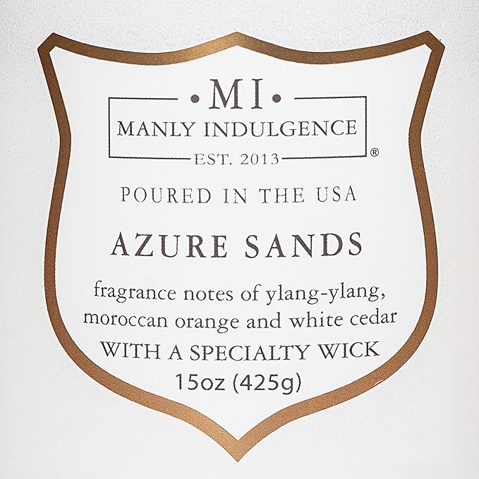 Manly Indulgence Azure Sands Scented Candles for Men, 15 oz Wooden Wick, Premium Soy Blend Wax, 60H