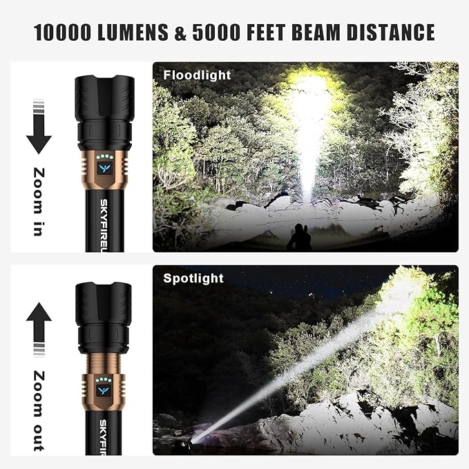 SKYFIRE LED Flashlights High Lumens,10000mAh Super Bright Rechargeable Flashlight,Zoomable,Four