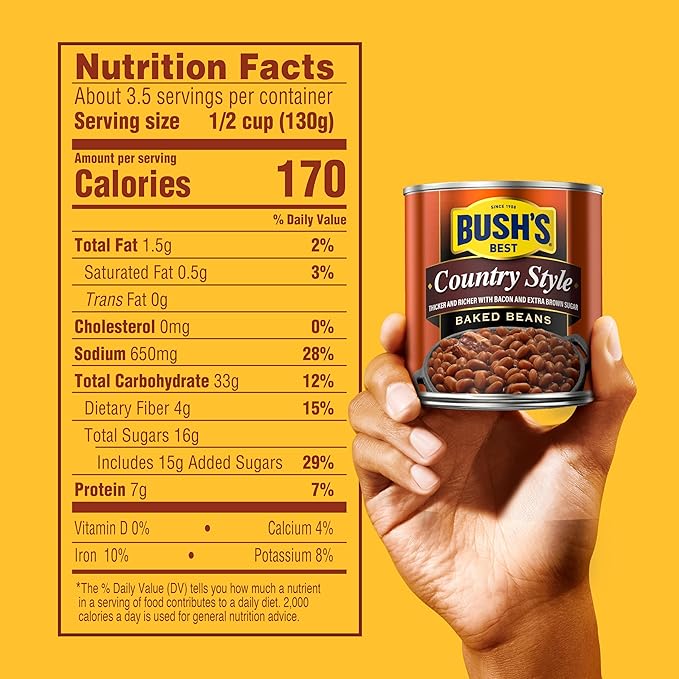 BUSH'S BEST 16 oz Canned Country Style Baked Beans, Source of Plant Based Protein and Fiber, Gluten