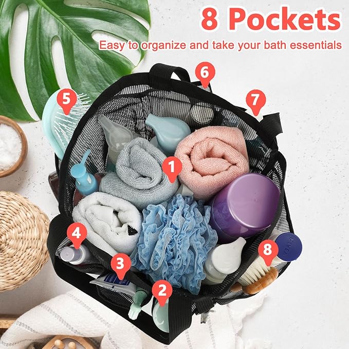 Mesh Shower Caddy Portable for College Dorm Room Essentials, 8-Pocket Large Shower Basket Tote Bag