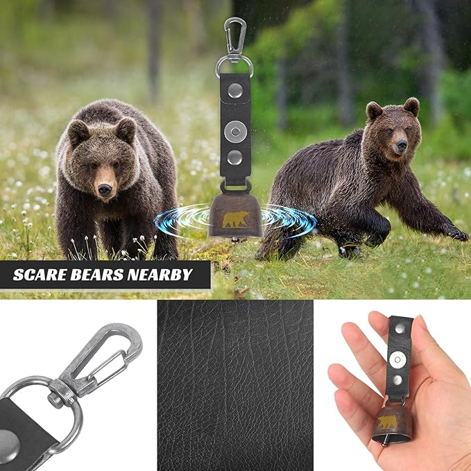 2 Pack Loud Bear Bells with Magnetic Silencer, Leather Button Strap, Carabiner for Bear Deterrent