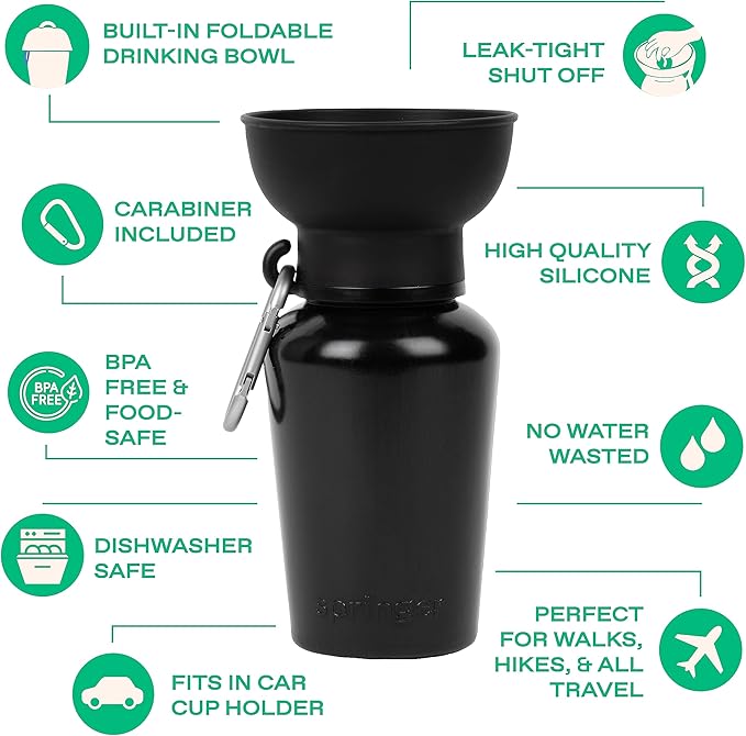 Springer Flip Portable Dog Water Bottle with Foldable Food Grade Silicone Bowl - 20 Ounce Travel
