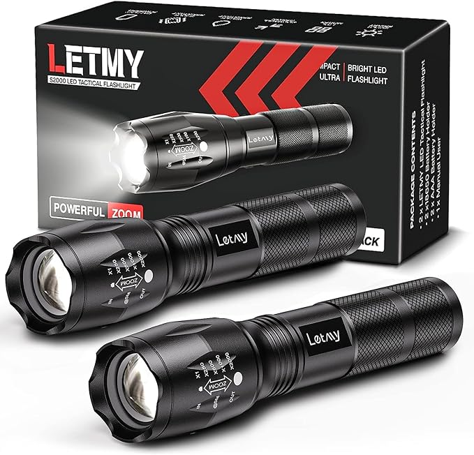 LETMY Tactical Flashlight S2000-2 Pack Bright Military Grade LED Flashlights High Lumens - Portable