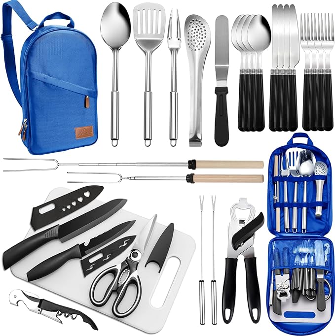 Portable Camping Kitchen Utensil Set-27 Piece Cookware Kit, Stainless Steel Outdoor Cooking and