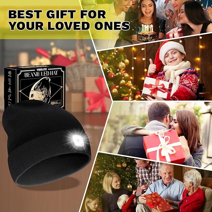VIBELITE LED Beanie Hat with Light, USB Rechargeable LED Headlamp, Gifts for Men, Him, Husband
