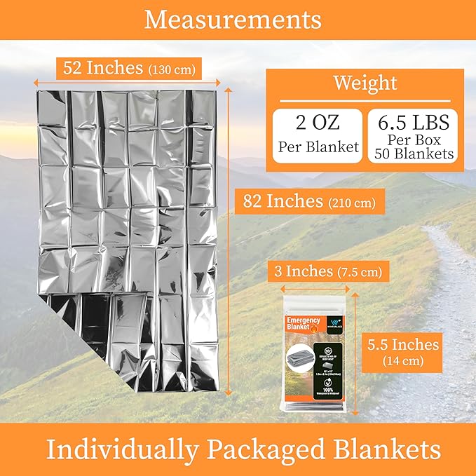 Winterlace Emergency Blankets 50-Pack (52??x 82?? Thermal Mylar Survival Rescue Camping Heat