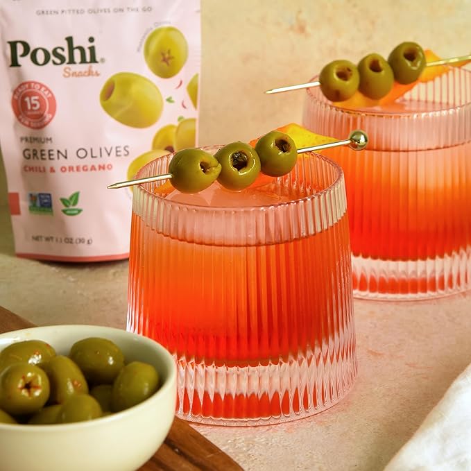 POSHI Green Pitted Olives - Chili & Oregano | Vegan, Kosher, Gluten Free + Keto Friendly, Fresh
