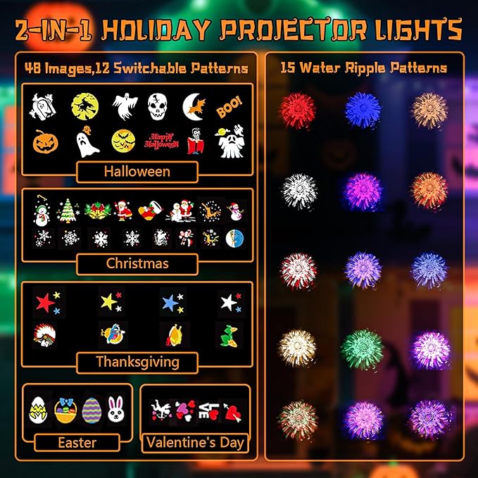Halloween Projector Lights Outdoor, 2-In-1 HD Moving Pattern Holiday Projector Lights with Remote