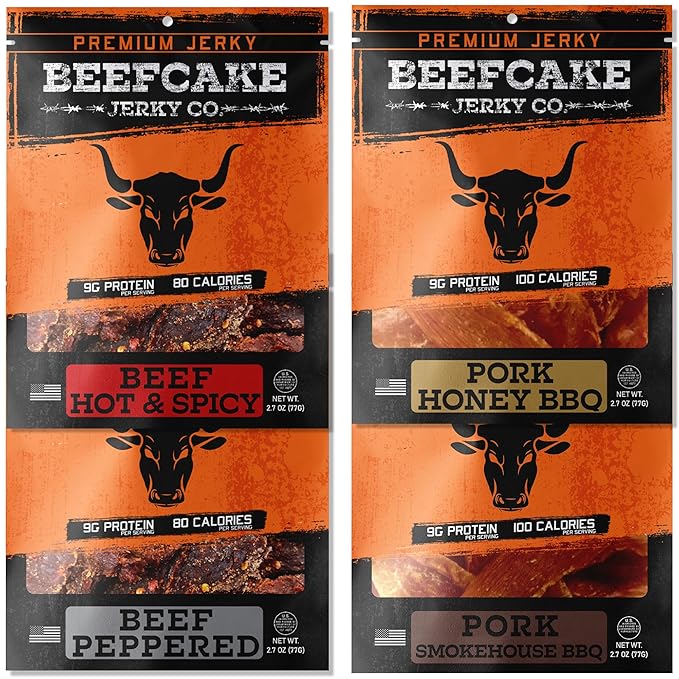 BEEFCAKE Jerky Mixed Favorites, Pork & Beef Jerkey Variety Pack Premium Snacks, 9 Gram of Protein &
