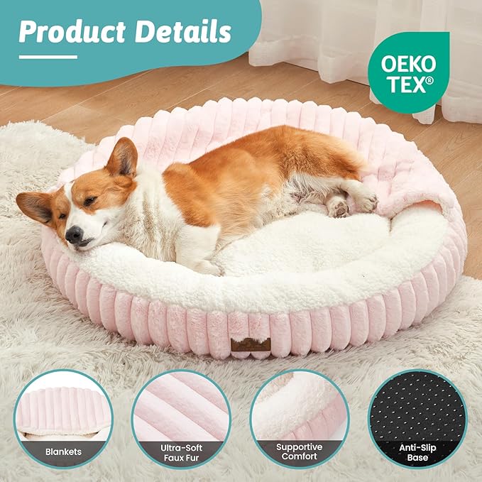 Small Dog Bed with Hooded Blanket, Round Fluffy Anti-Anxiety Pet Bed for Small Dogs & Medium Dogs
