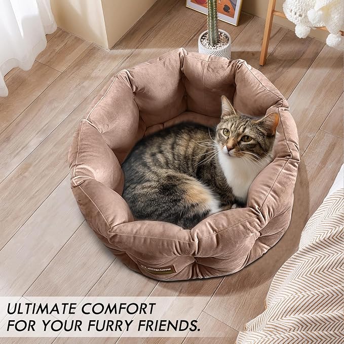 ClevaHome Deep Nest Cat Bed for Small Pets up to 15lbs - Round Cat Beds for Indoor Cats, Luxurious