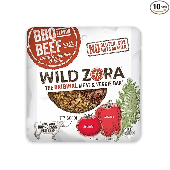 Wild Zora Meat & Veggie Bars, BBQ Beef, 10-Pack, 100% Grass Fed Beef, Healthy Jerky Paleo Snacks