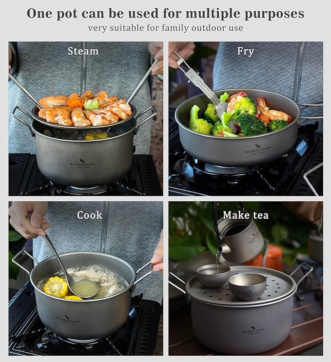 Boundless Voyage Multifunctional Titanium Steamer Pot with Frying Pan and Vented Lid Outdoor