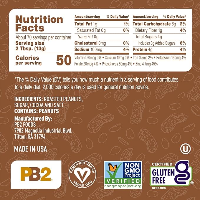 PB2 Powdered Chocolate Peanut Butter with Cocoa | 2lb Jar | 4g of Protein, 90% Less Fat, Certified