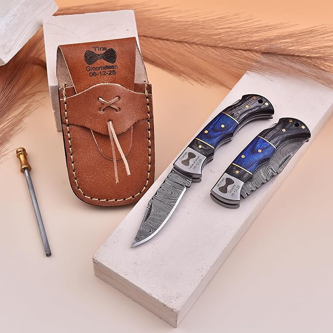 Set of 5 - Personalized Damascus Pocket Knife for Groomsmen -With Leather Sheaths - Custom Engraved