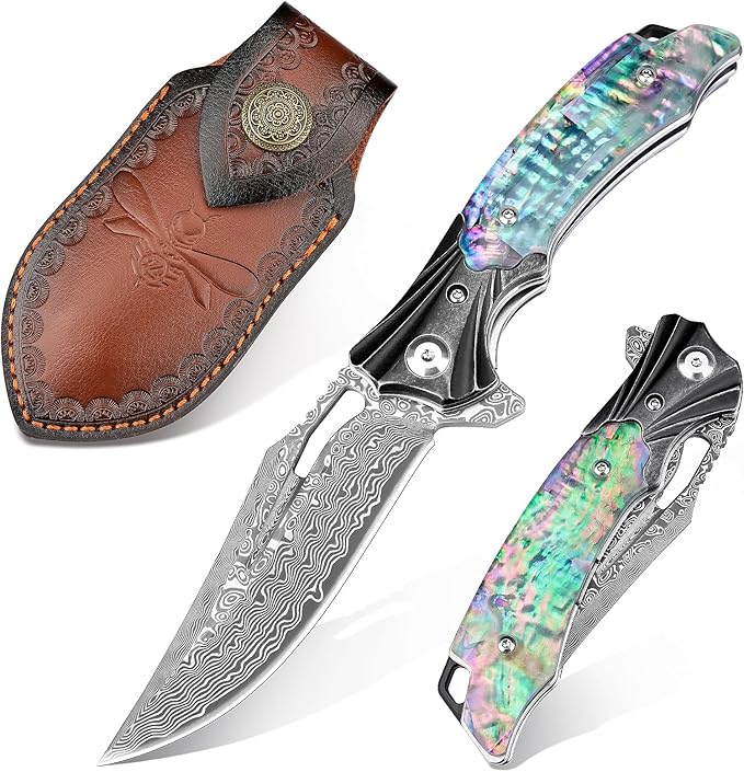 Damascus Pocket Knife for Women, 3.15" VG10 Damascus Steel Blade EDC Folding Knife with Sheath