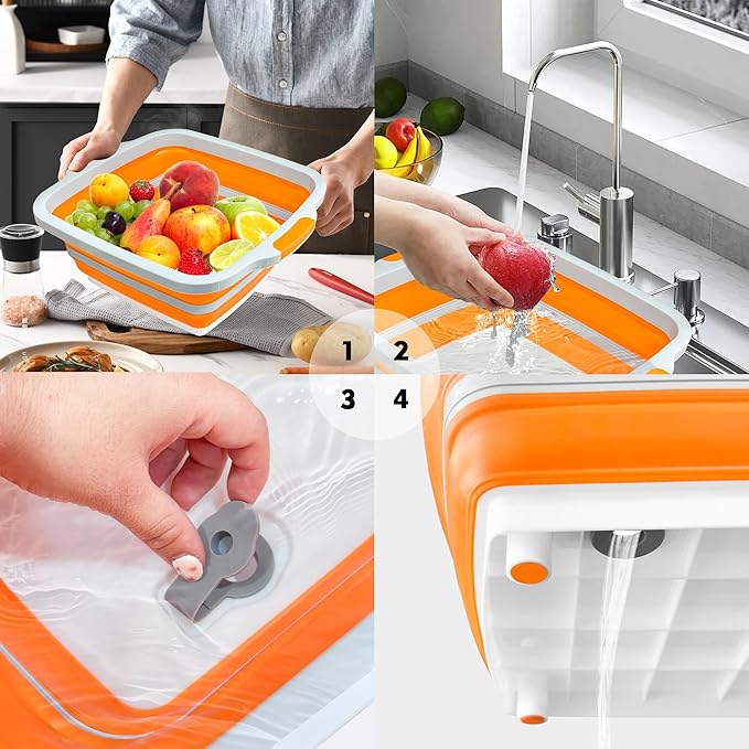 Collapsible BBQ Prep Tubs with Lids, Grill Cutting Board, Camping Sink with Drainage Hole for Meal