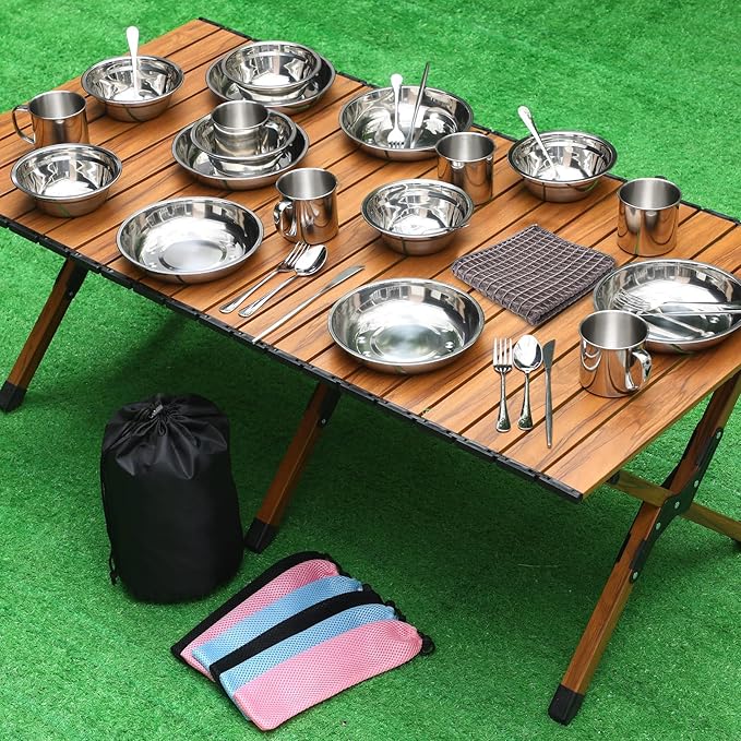 Lallisa Outdoor Camping Cookware Mess Kit Polished Stainless Steel Dishes Camping Utensils Portable