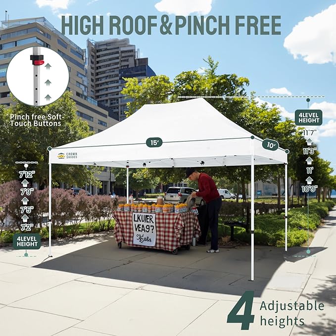 CROWN SHADES 10x15 Pop Up Canopy Tent, Thicken Frame Commercial Heavy Duty Tent, 8 Stakes & 4