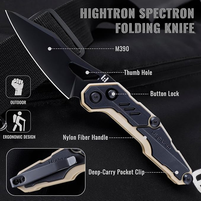 Hightron Spectron Folding Pocket Knife, 3.05" M390 Steel Blade and Nylon Fiber Handle, Sharp EDC