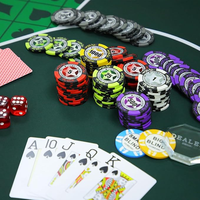 ORIENGEAR Poker Chip Set with Denominations, 500 PCS 14 Gram Clay Composite Casino Chips with ABS